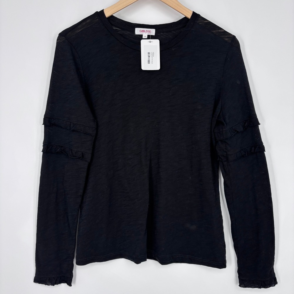 Goldie Lewinter Long Sleeve Crewneck Tee Women M Black Pima Cotton Slub Knit